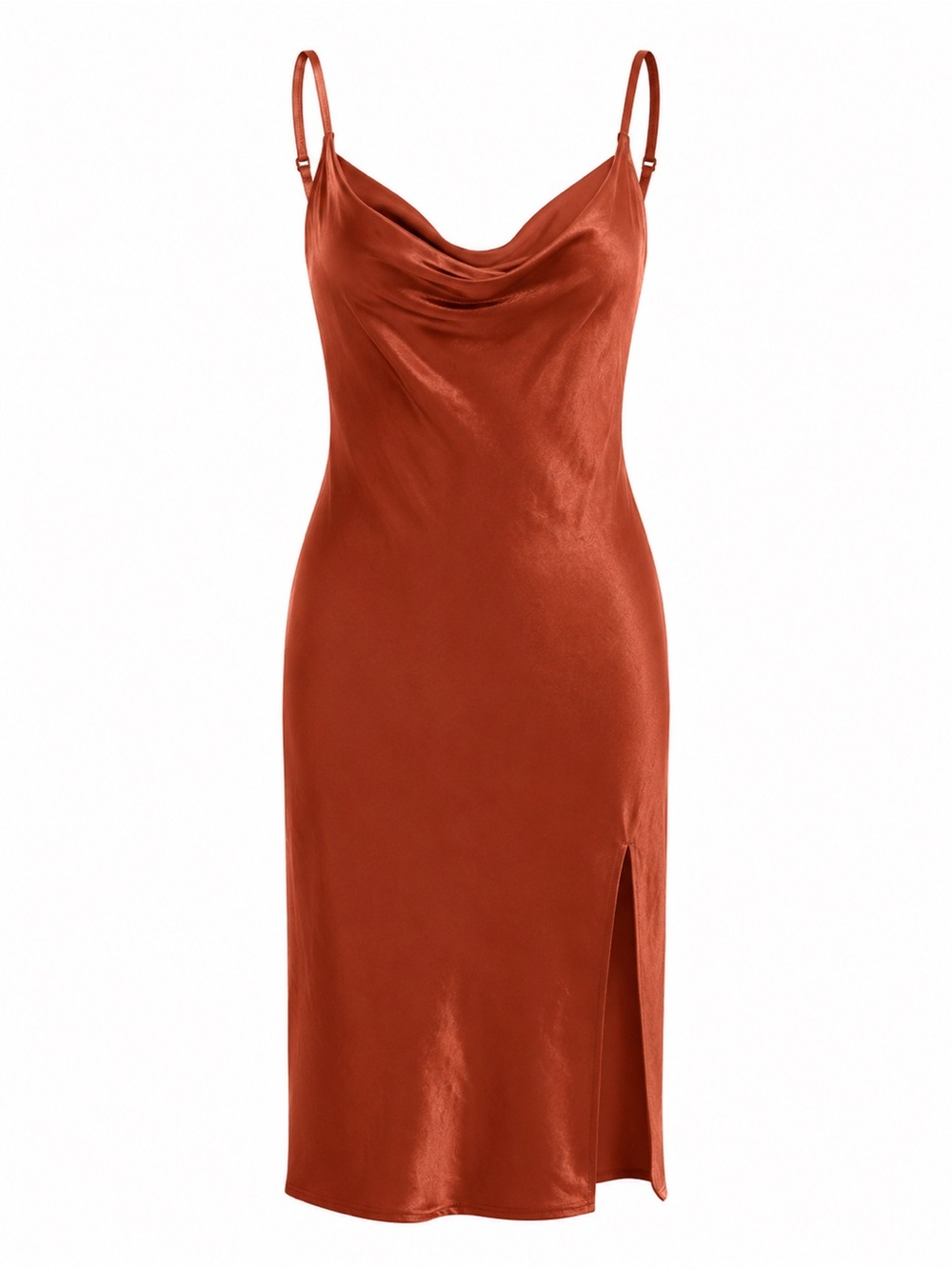 Justify Rust Satin Slip Dress Cowl Neck Side Slit Adjustable Straps NWT Small